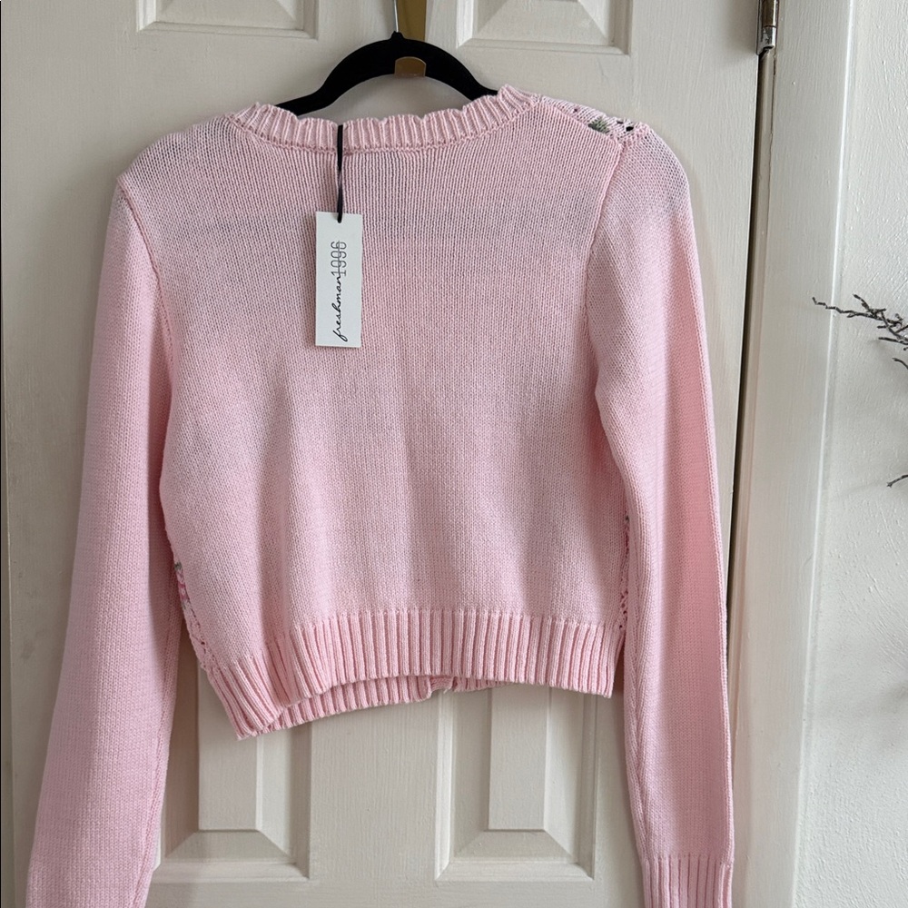 Freshman Pink Floral Eyelet Knit Cardigan - Picture 2 of 4